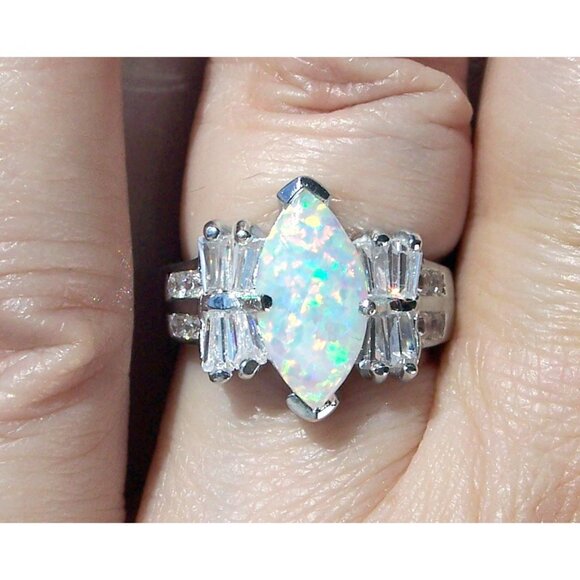 925 STERLING SILVER Marquise Lab Created White Fire Opal & CZ Ring - Picture 4 of 14